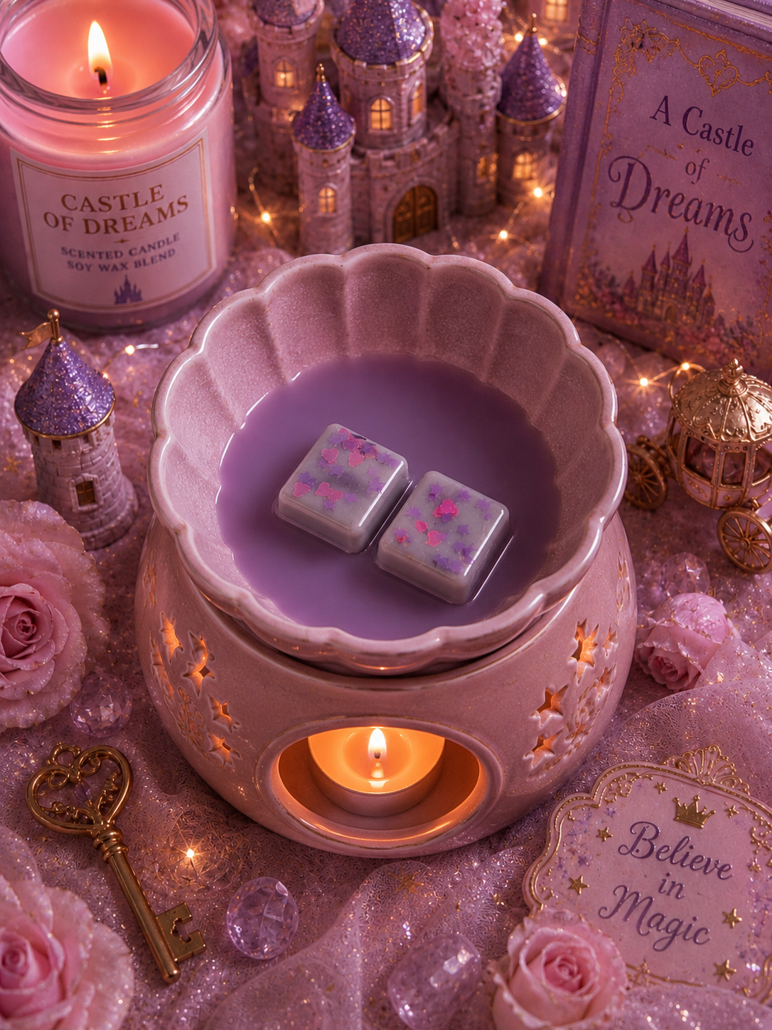 castle of dreams wax melt in wax melt burner with magical candle and castle background.