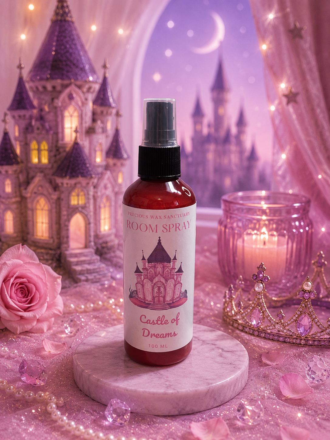 Bottle of 'Castle of Dreams' Room Spray with a fairy tale castle design on a magical-themed background.