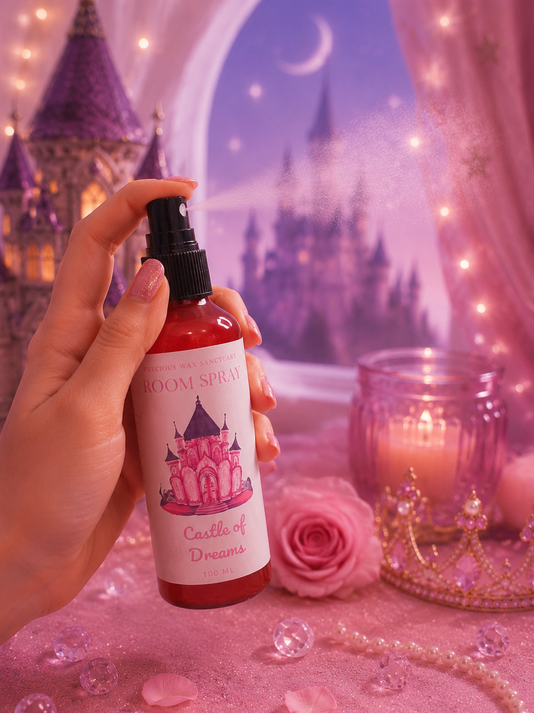 Castle of dreams room spray being spritzed with a magical castle background theme.
