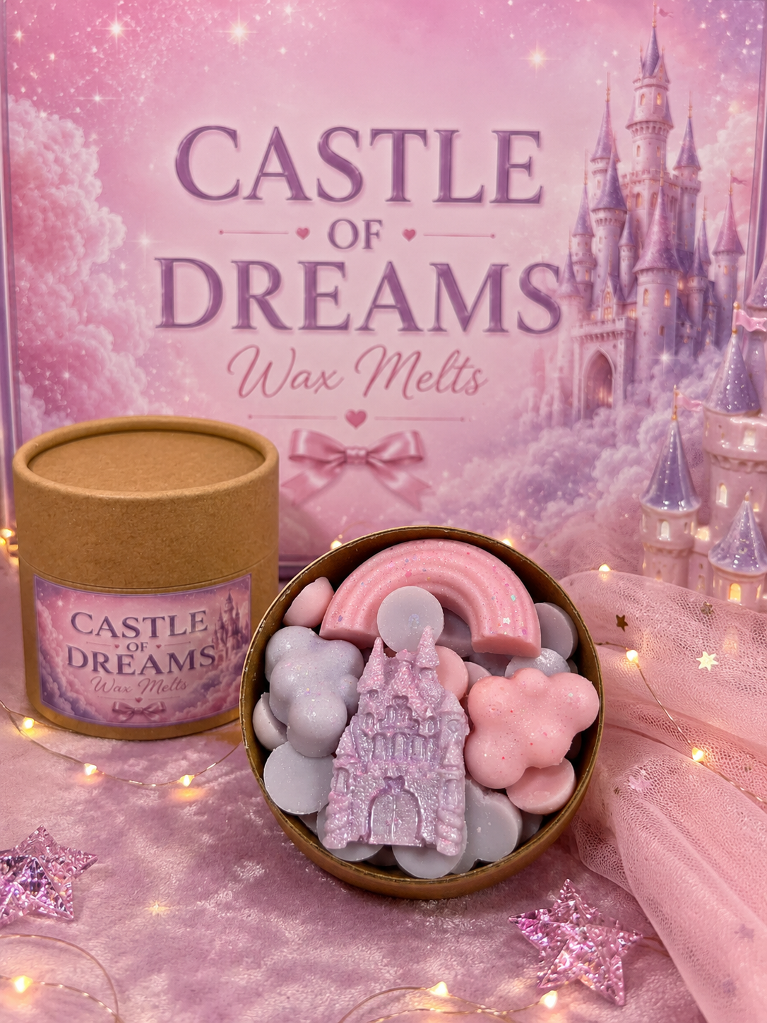 Wax melts packaging with castle design against a pink castle background