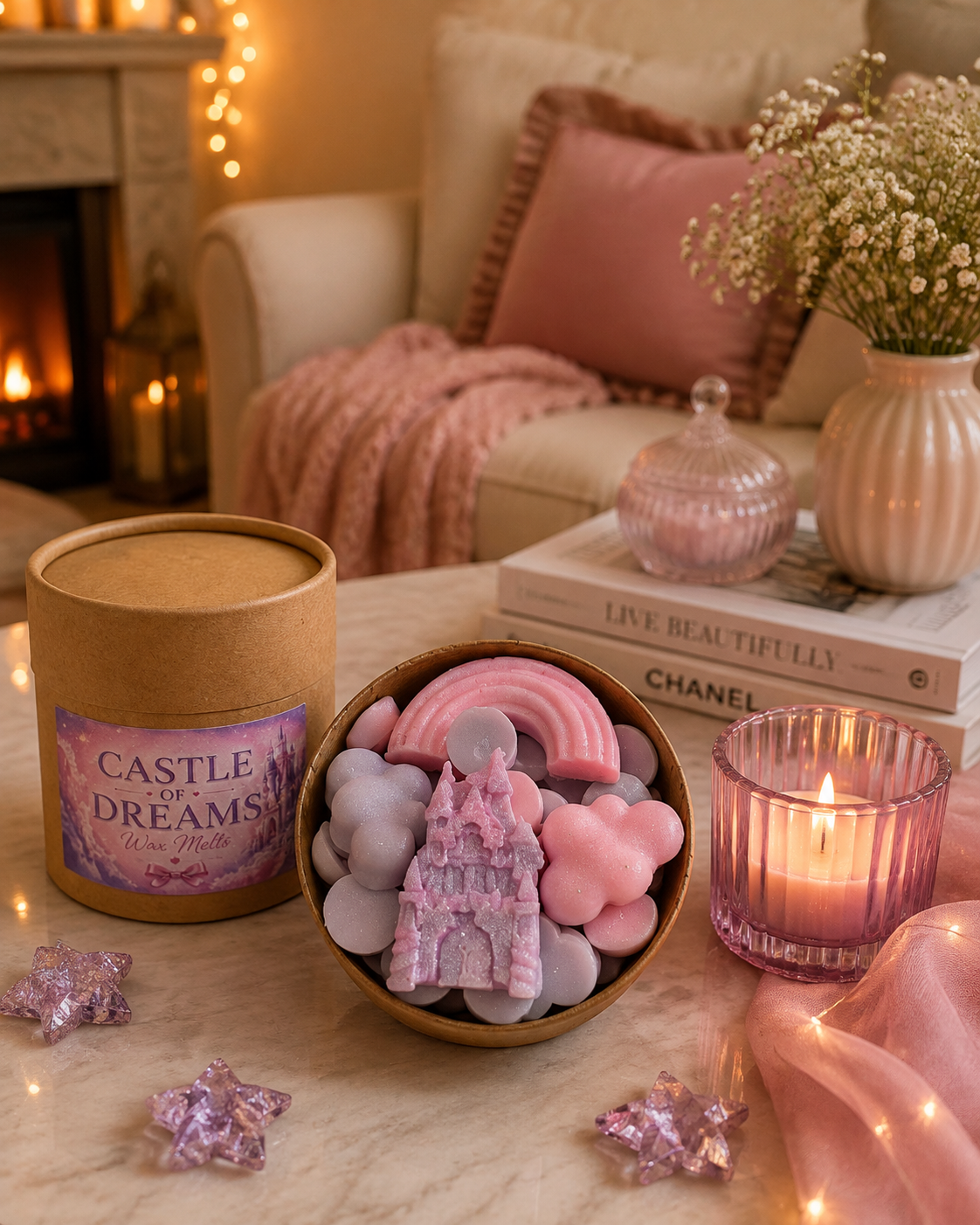 A styled product display featuring a candle tin labeled 'Castle of Dreams' next to a bowl of pink and lavender wax melts shaped like a castle and rainbow, set on a marble table with a lit candle, pink scarf, and cozy background.