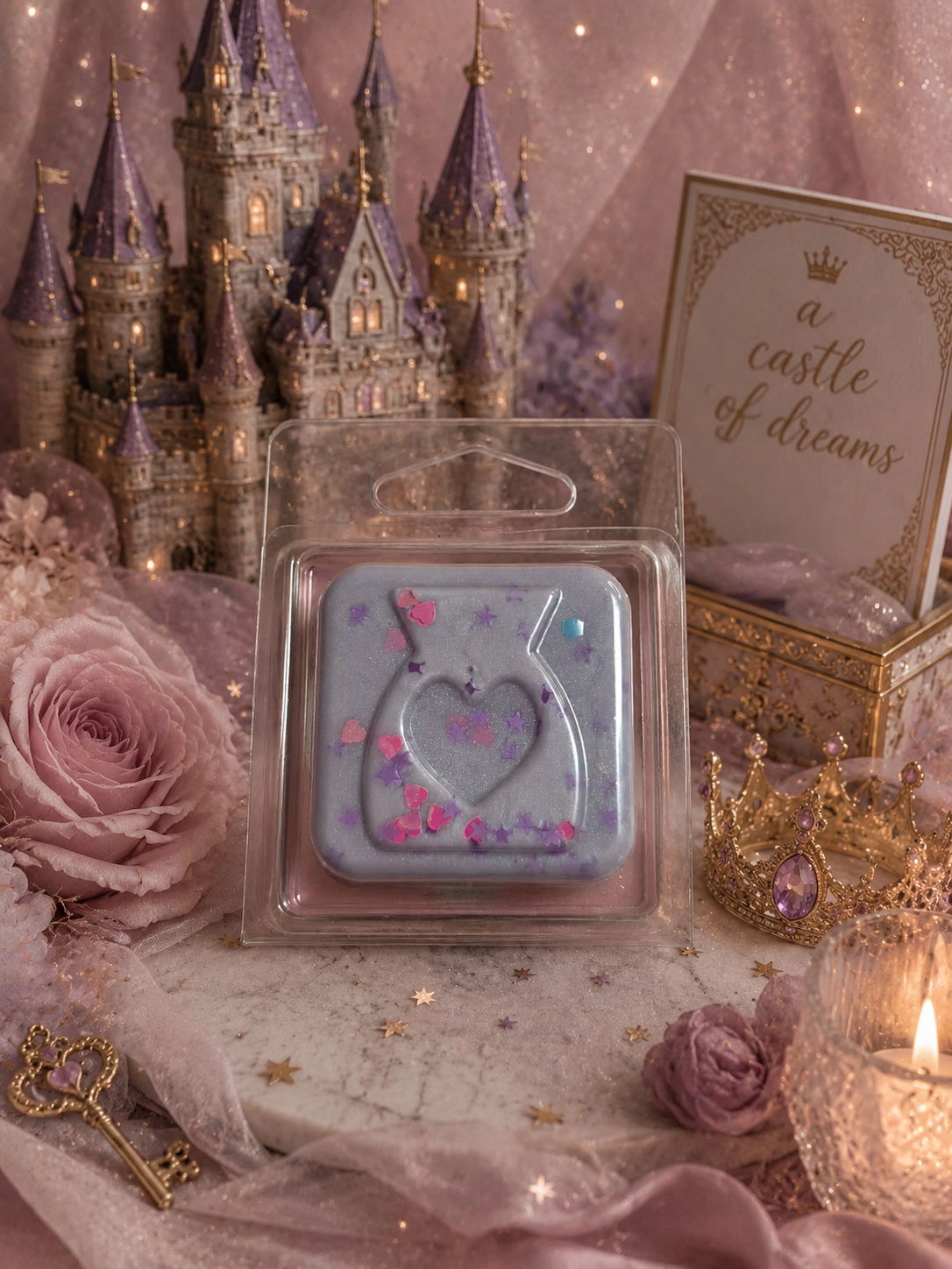 Decorative scene with a castle, roses, and a heart-shaped wax melt in a clear container.