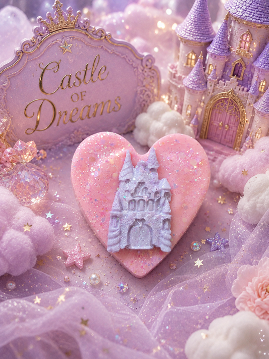 Fantasy castle wax melt with 'Castle of Dreams' text on a pink heart, surrounded by clouds and flowers.