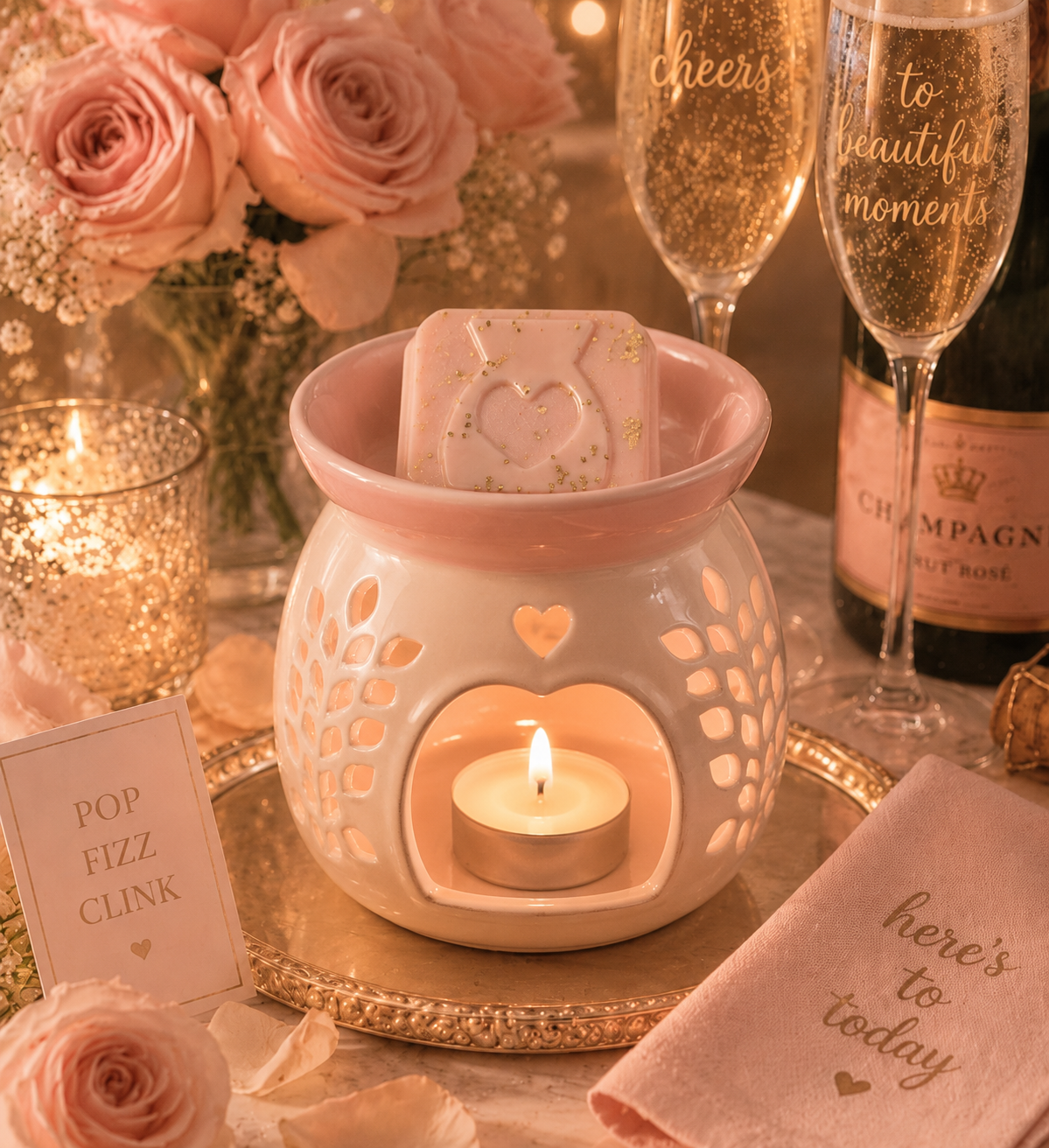 Pink wax melt in burner surrounded by pink fizz and decor.