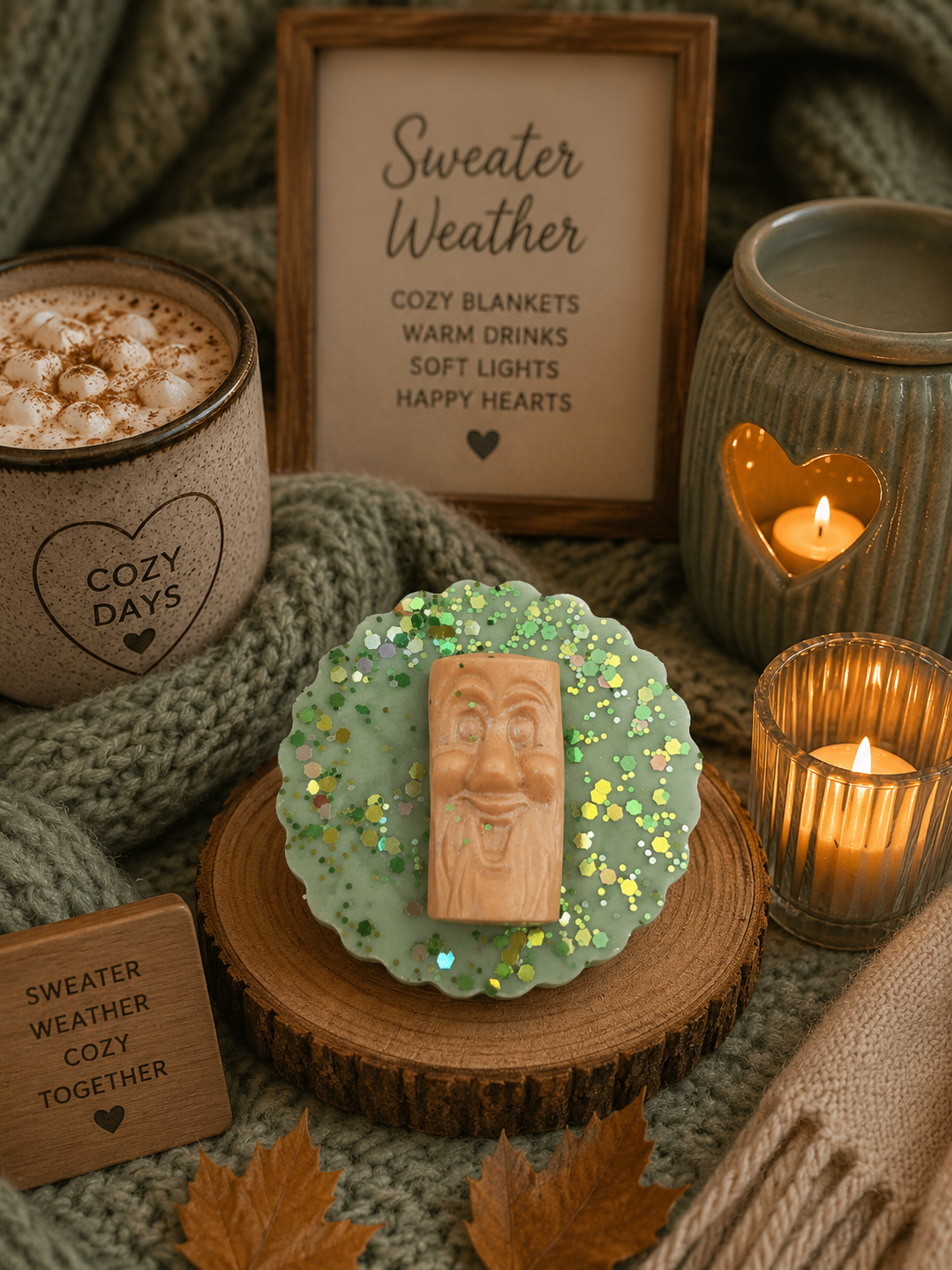 sweater weather wax melt with cosy outdoor autumn background