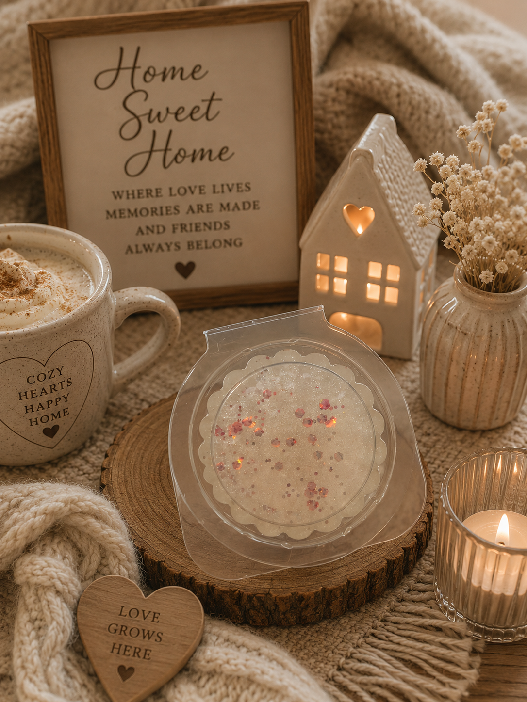 home sweet home gel wax melt with cosy home decor.
