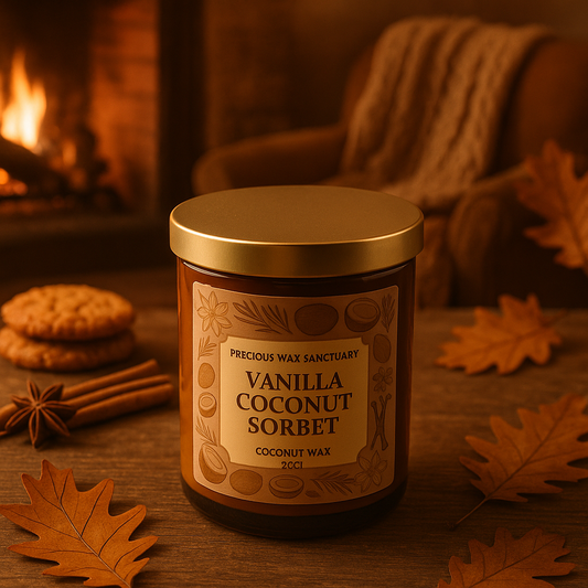 A Vanilla Coconut Sorbet candle featuring creamy coconut, white florals, vanilla, almond, and powdered sugar aromas, creating a luxurious, comforting scent.