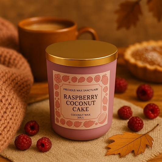 A Raspberry Coconut Cake candle featuring juicy raspberries, creamy coconut, vanilla cake, and buttery icing aromas, evoking a warm, tropical dessert experience.