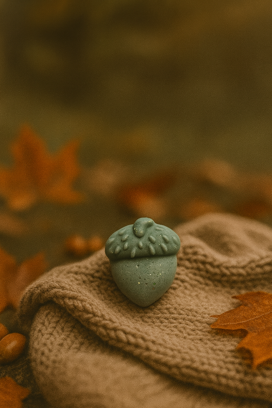 Green acorn-shaped object on a knitted surface with autumn leaves in the background
