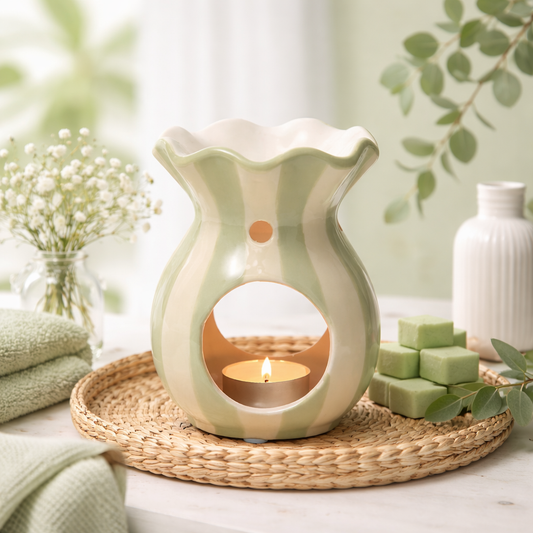 Green and Cream Striped Ripple Wax Melt Burner