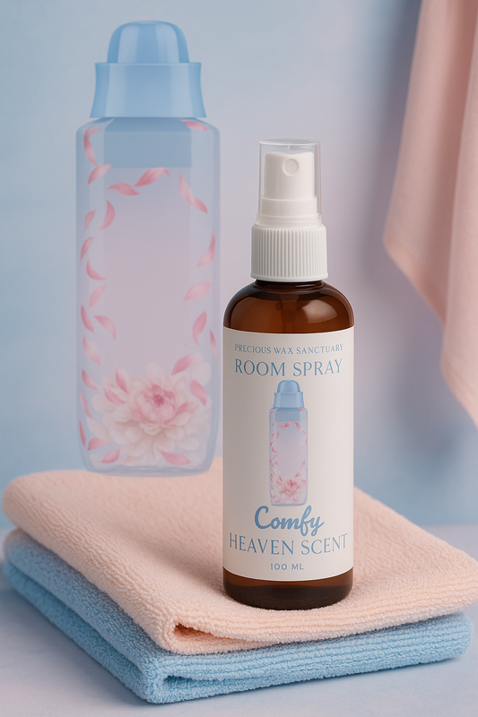 A bottle of Comfy Heaven Scent room spray labeled as a comfort dupe, with soft rose petals, white musk, and earthy patchouli notes depicted around it.