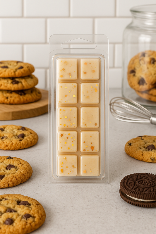 A wax melt bar labeled "Cookies and Cream," with images of creamy cookies and vanilla swirls, designed to evoke a cozy, indulgent fragrance experience.