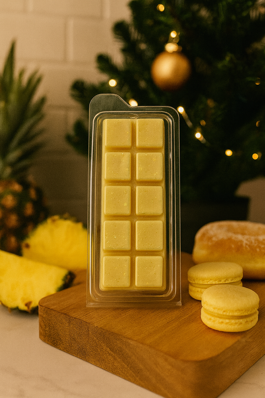 Wax melt featuring tropical pineapple, caramel, vanilla bean, and baked macaron flavors, evoking a sweet and indulgent bakery-inspired scent.