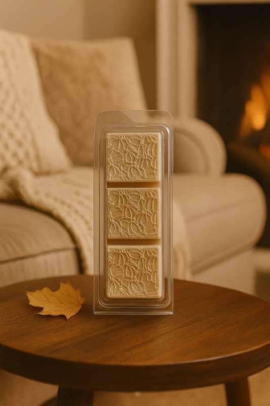A beautifully crafted wax melt bar featuring warm vanilla, sea salt caramel, sandalwood, and tonka beans, designed to create a cozy and luxurious atmosphere.