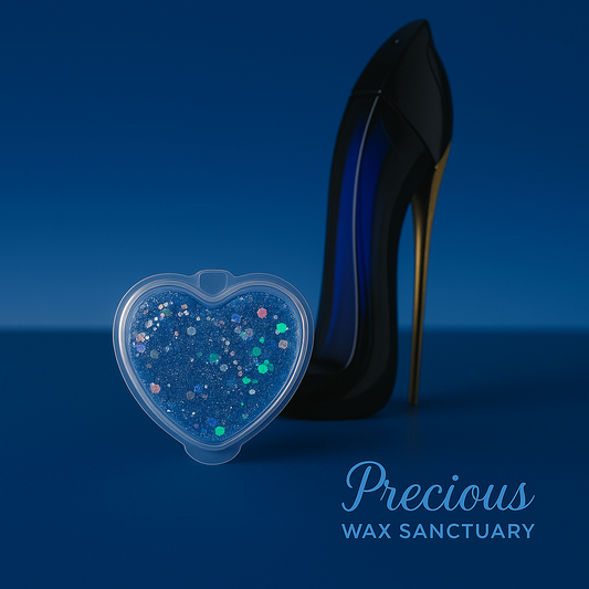 A luxurious gel wax container labeled "Good Girl" featuring rich cocoa and jasmine notes, with hints of tonka bean and almond, embodying an alluring and bold fragrance.
