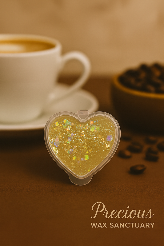 A luxurious gel wax container labeled "Caramel Vanilla Latte" featuring warm coffee, salted caramel, milk, cream, butter, vanilla, and almond notes, creating a cozy scent.