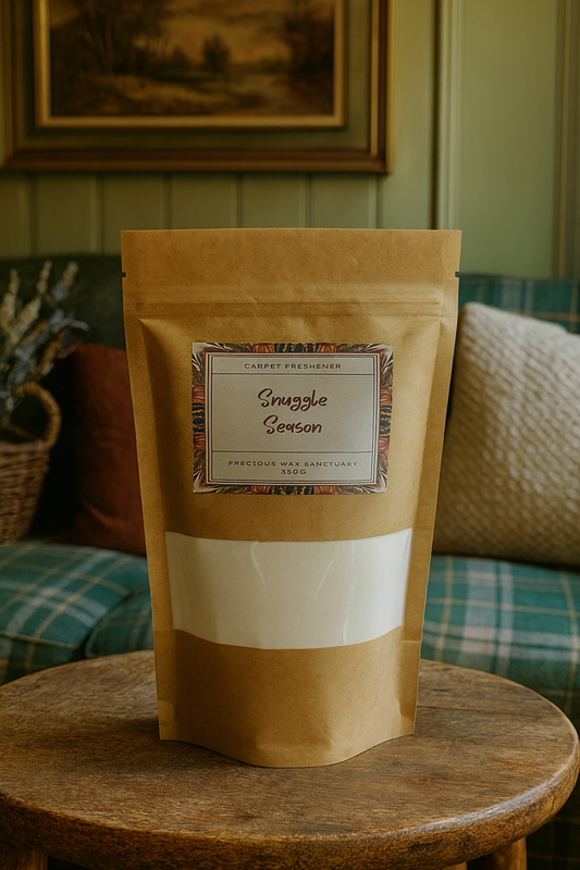 A container of Snuggle Season carpet freshener (White C dupe) with a cozy design, featuring notes of juicy pear, apple, and golden amber, evoking warm, relaxing evenings.