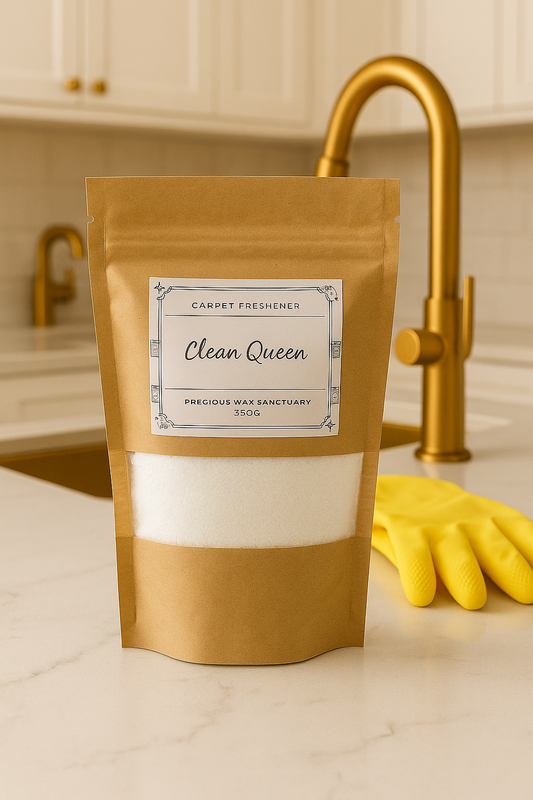 A container of Clean Queen carpet freshener with a vibrant label featuring fruity floral notes, including strawberry leaves, mandarin, rhubarb, violet, jasmine, patchouli, musk, and amber.