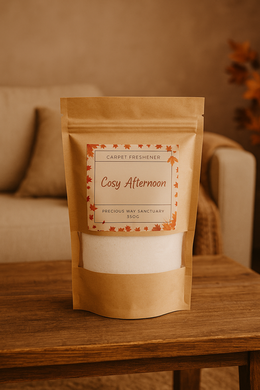 A container of Cosy Afternoon carpet freshener with a cozy design, featuring warm pumpkin, pecan waffles, caramel, and autumnal notes evoking a comforting, sunny fall afternoon.