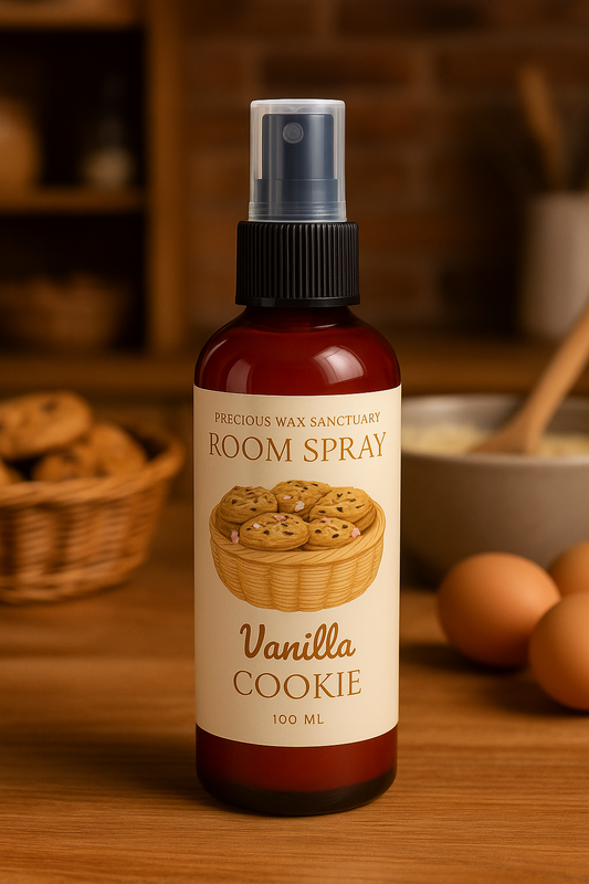 A bottle of Vanilla Cookie room spray (Febreze dupe) with a cozy design, featuring a rich vanilla and frothy milk scent reminiscent of a coffee shop atmosphere.