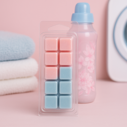 A soft, airy wax melt emitting a calming fragrance of rose petals, white musk, and patchouli, evoking the cozy, fresh scent of clean laundry and serene comfort.