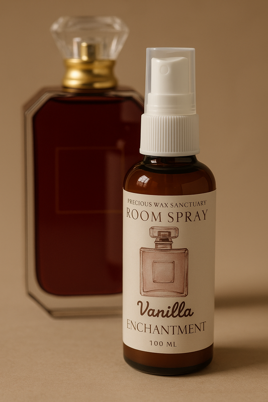 A bottle of Vanilla Enchantment Room Spray featuring an elegant design, emitting a soft, inviting glow, symbolizing warmth and luxurious vanilla fragrance.