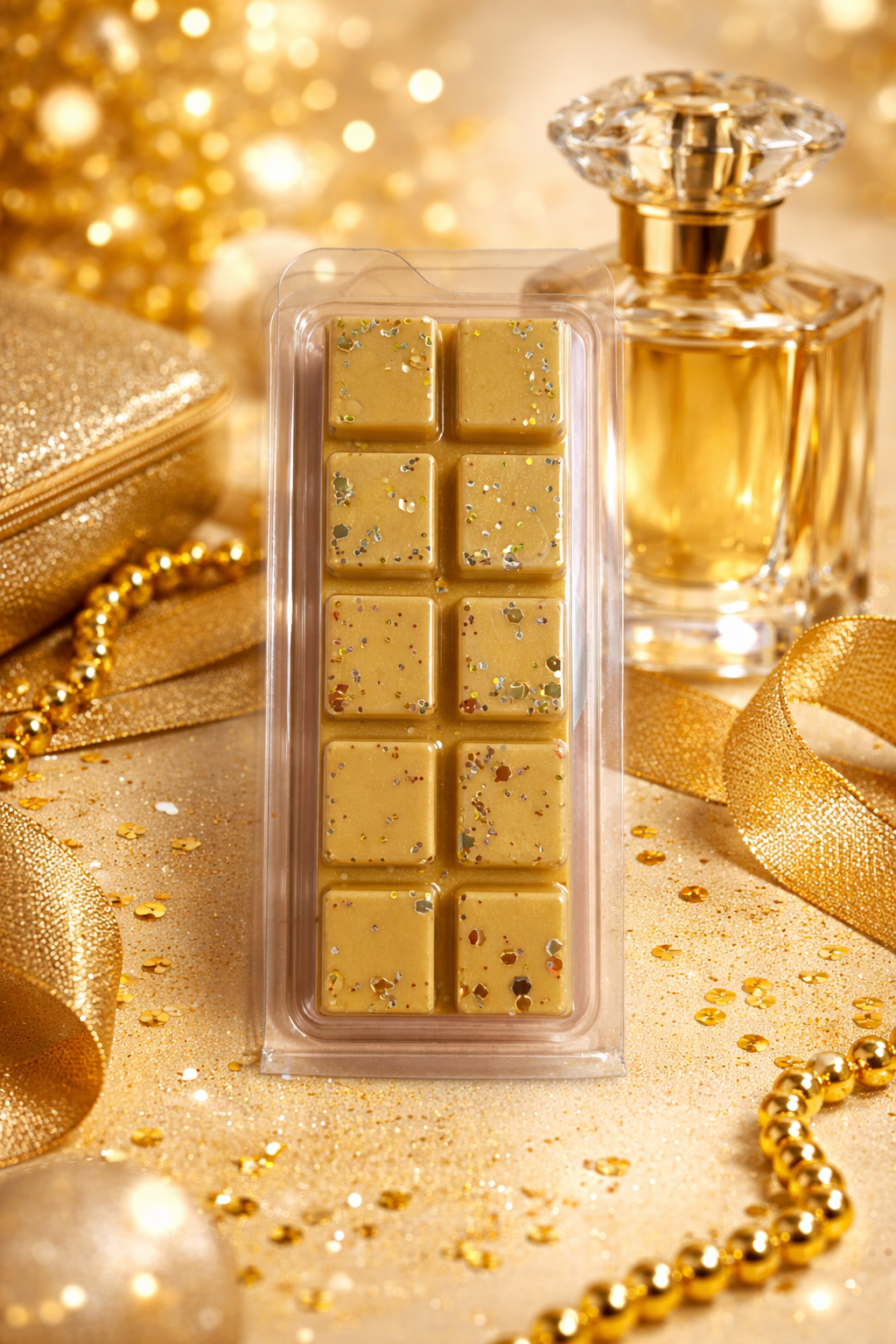 Gold wax melts and perfume bottle with decorative elements on a glittery background