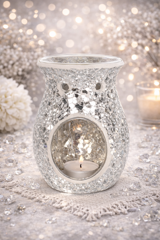 Large Silver Crackle Glass Oil Burner and Wax Burner