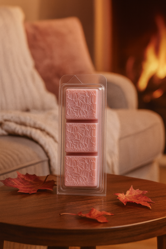 A luxurious wax melt in warm, inviting tones, emitting a soft glow with notes of sweet musk, white orchid, jasmine, and vanilla for a calming ambiance.