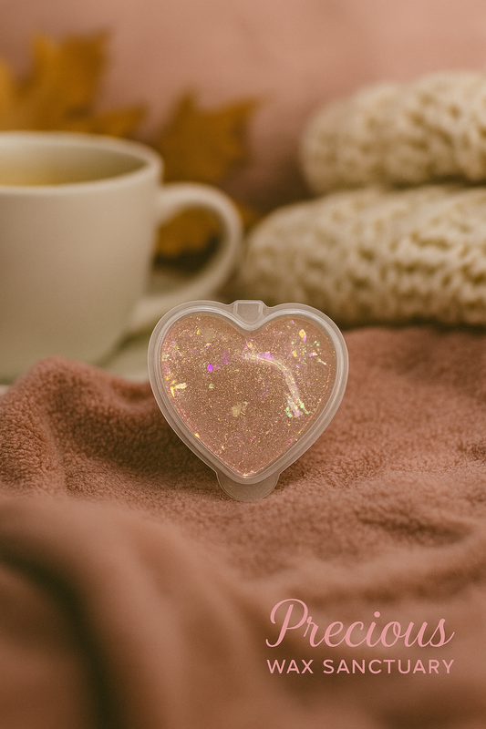 A luxurious gel wax container labeled "Amber Musk" featuring warm Moroccan amber, zesty orange, vanilla pods, patchouli, musk, and sandalwood, creating an alluring aroma.
