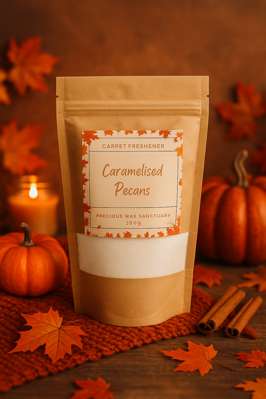 A container of Caramelised Pecans carpet freshener with toasted almond, coconut, maple, cinnamon, caramel, and vanilla notes, evoking a warm, sweet, and indulgent aroma.