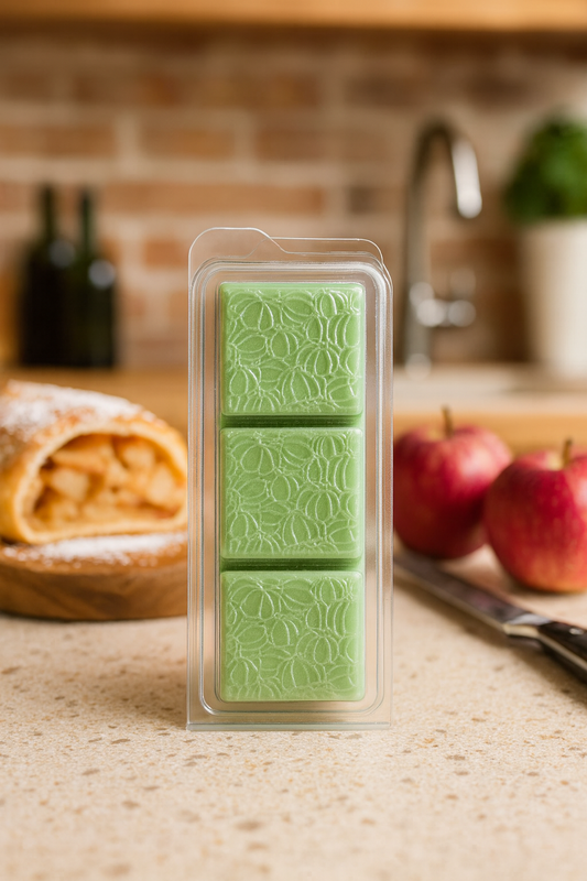 A delectable wax melt in warm, golden tones, releasing an inviting aroma of stewed apples, sugary sweetness, buttery pastry, and a touch of vanilla reminiscent of fresh apple strudel.
