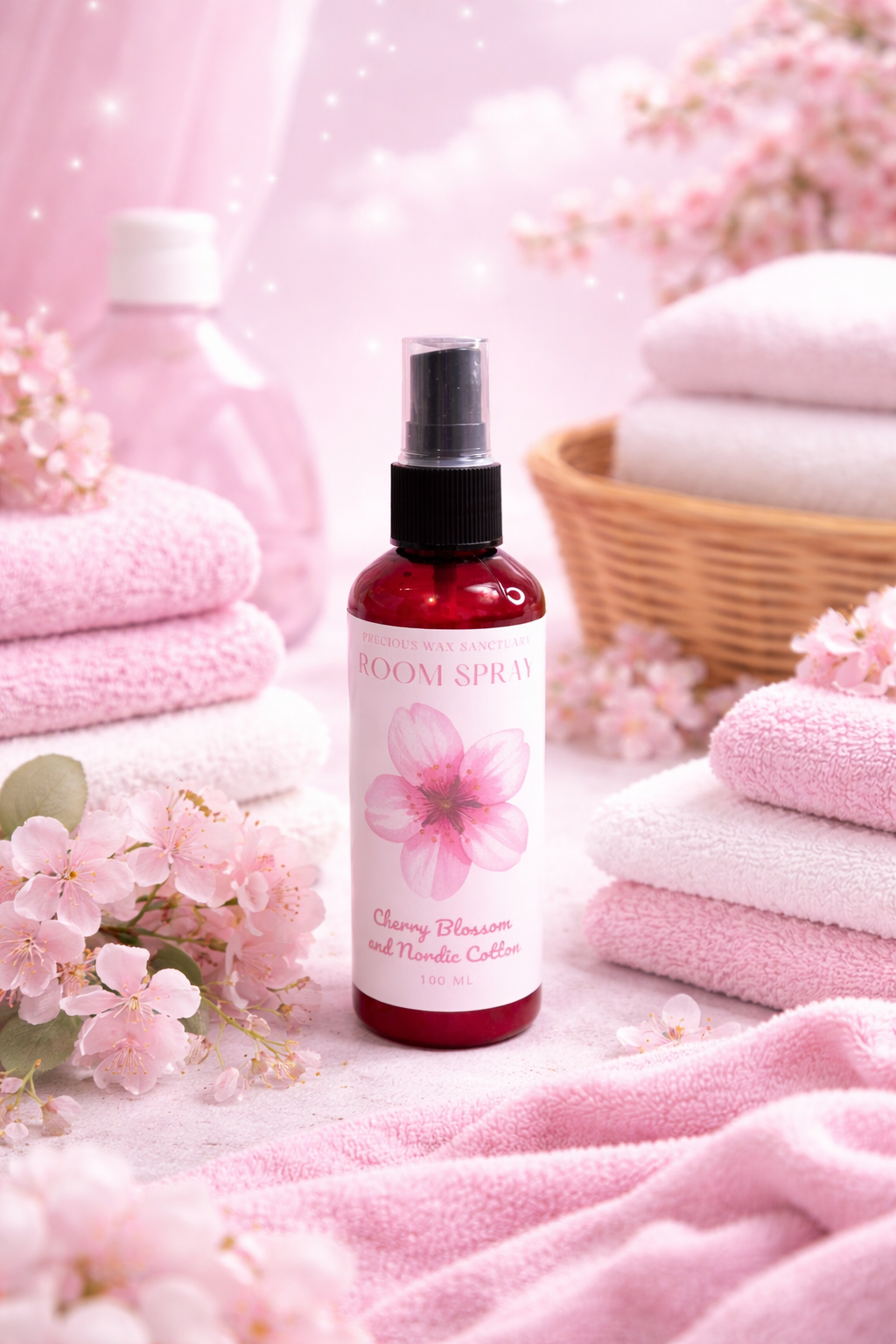 Bottle of 'Room Spray' with cherry blossoms and vanilla cassis on a pink background with towels and flowers.