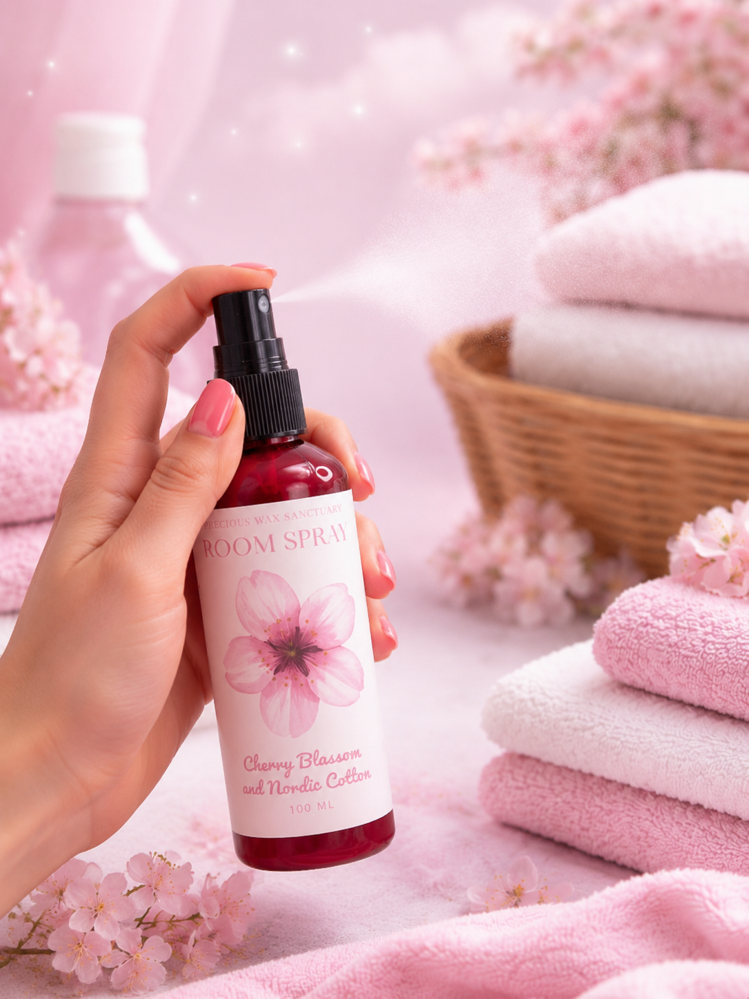 A hand holds a pink room spray bottle labeled 'Cherry Blossom and nordic Cotton' against a soft pink background with folded towels and cherry blossoms.