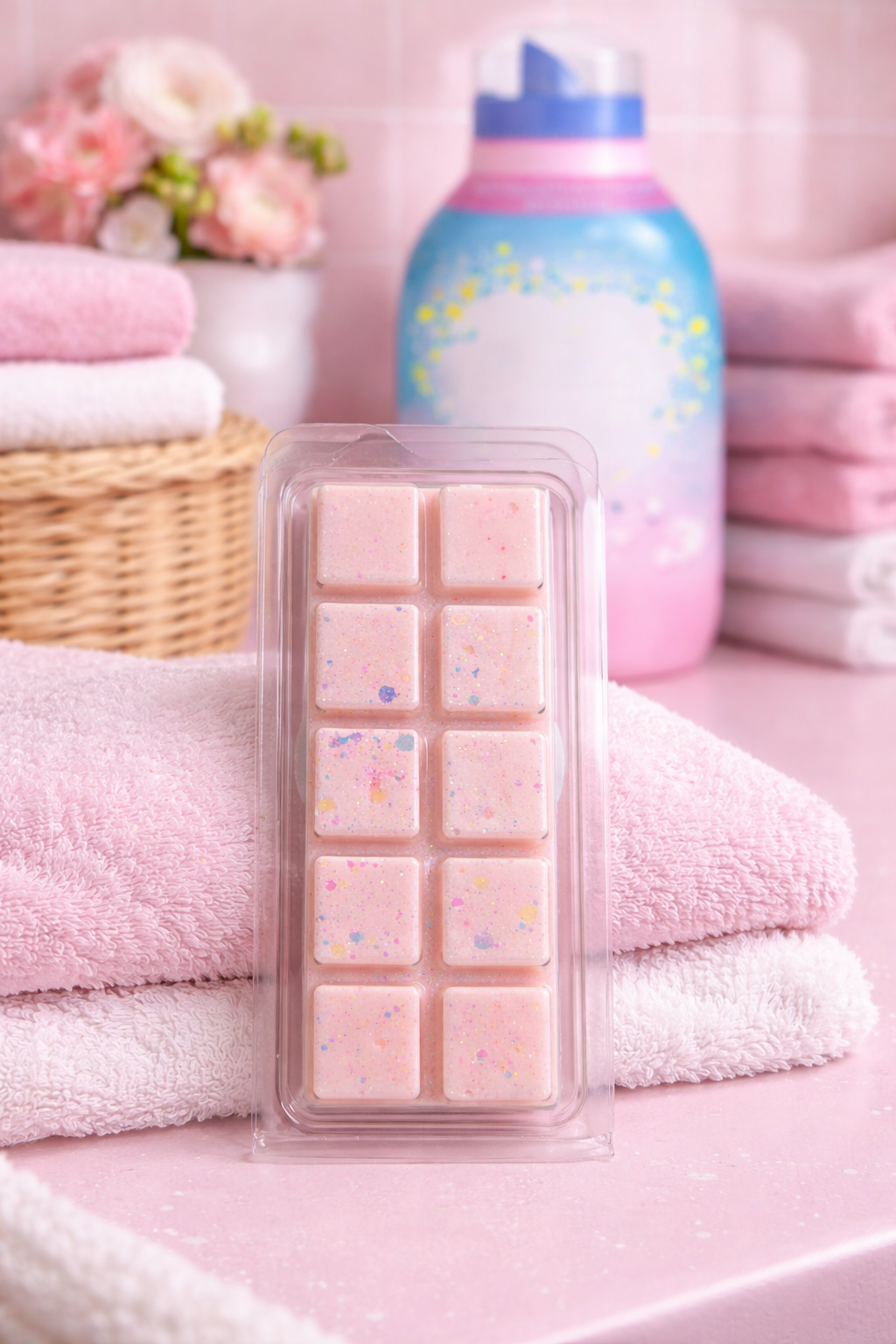 Packaged pink wax melts with a colorful bottle and towels in the background