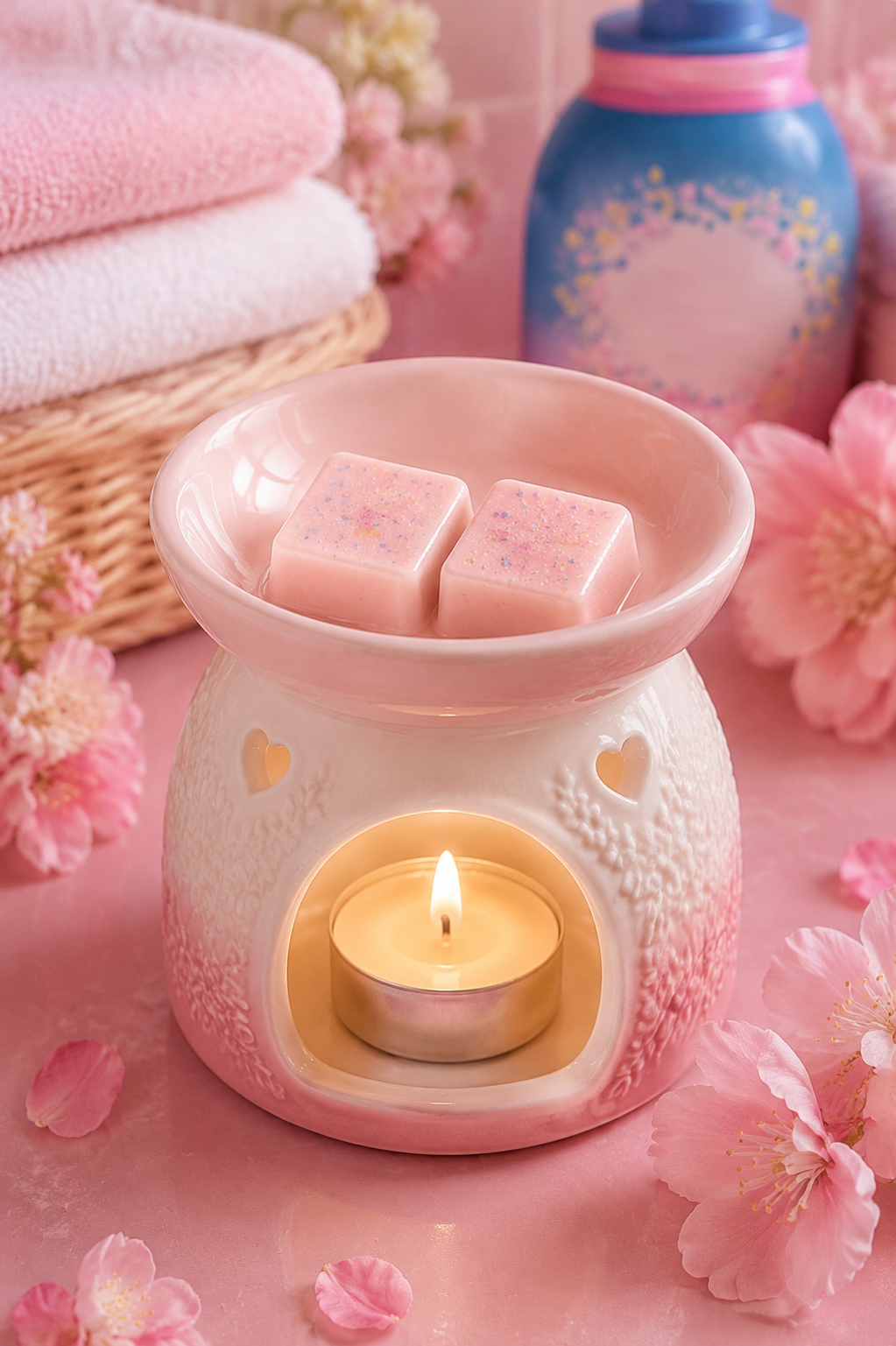 Pink wax melts in burner surrounded by blossom and laundry.