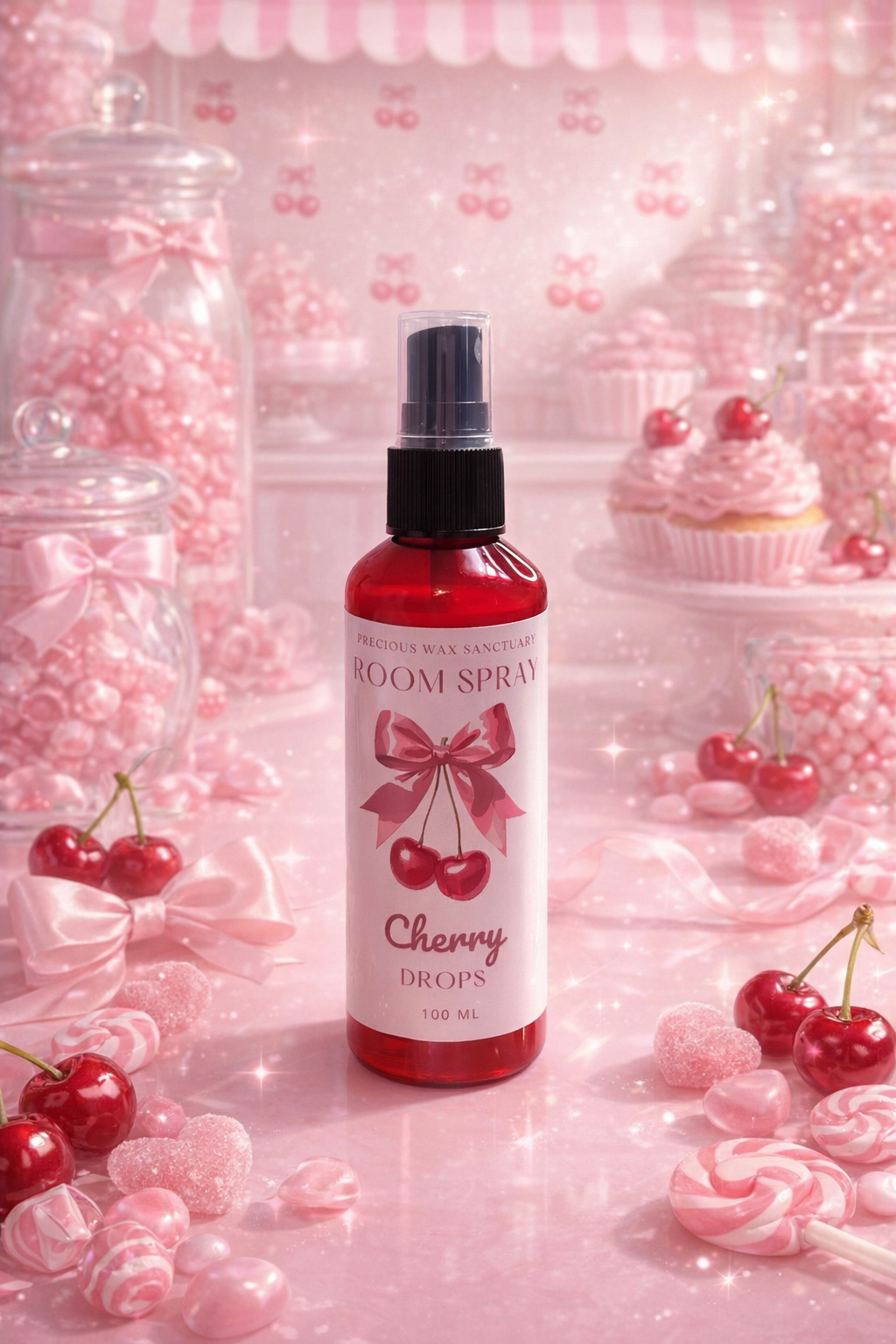 Room spray bottle with cherry design on a pink candy-themed background