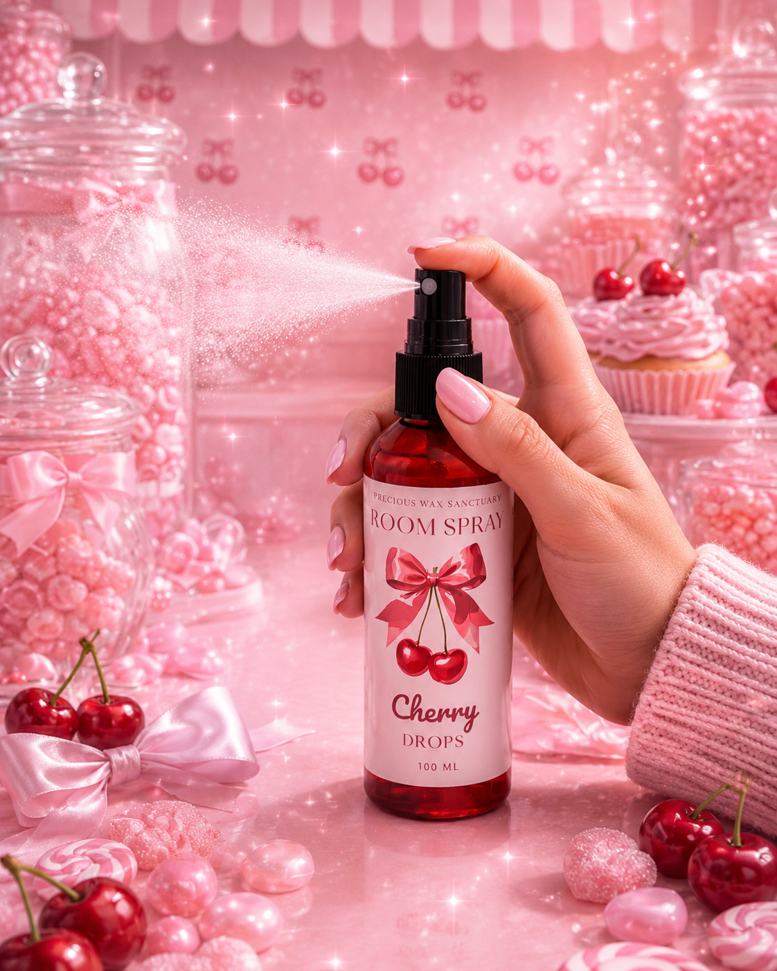 A hand with pink manicured nails sprays a bottle of Cherry Drops room Spray, releasing a fine mist. The scene is heavily styled with pink cherry-themed props, including jars of pink candies, fresh cherries, and pink cupcakes, all under a pink cherry-striped awning background.