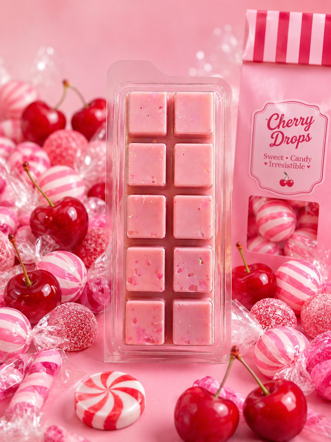 cherry drops wax melt surrounded by cherry drop sweets.