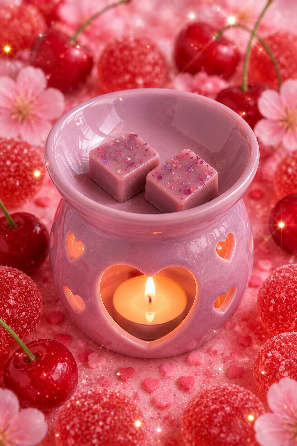 cherry drops wax melts in burner with matching background theme.