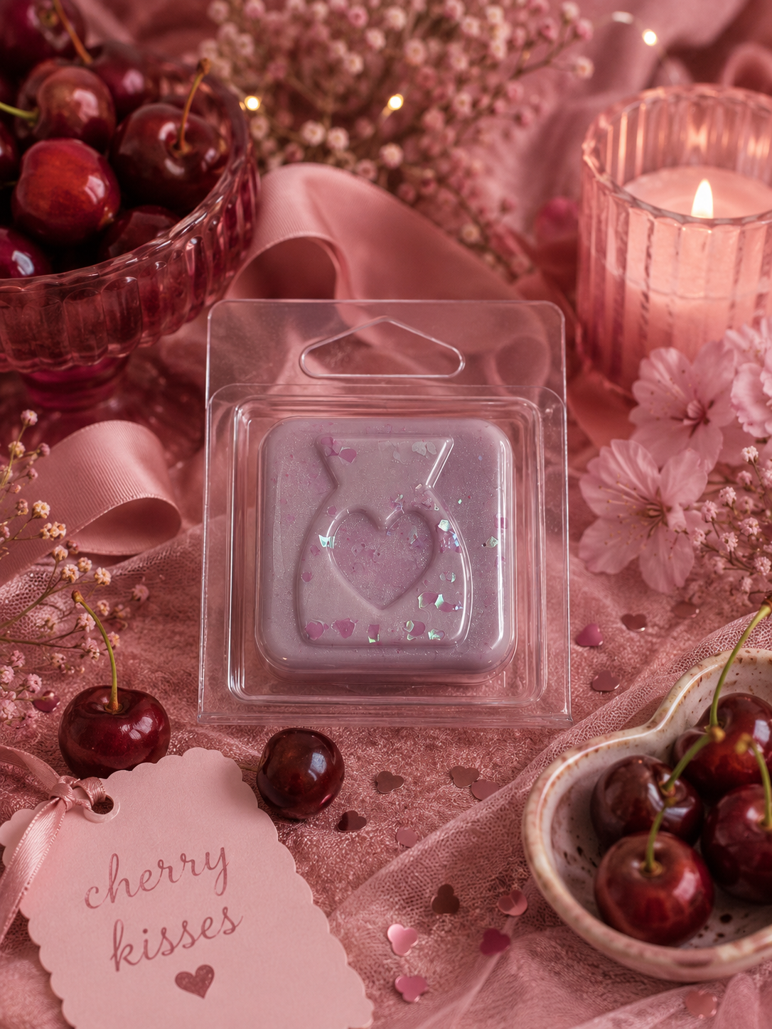 Pink wax melt with heart design in packaging surrounded by cherries and flowers on a pink surface.