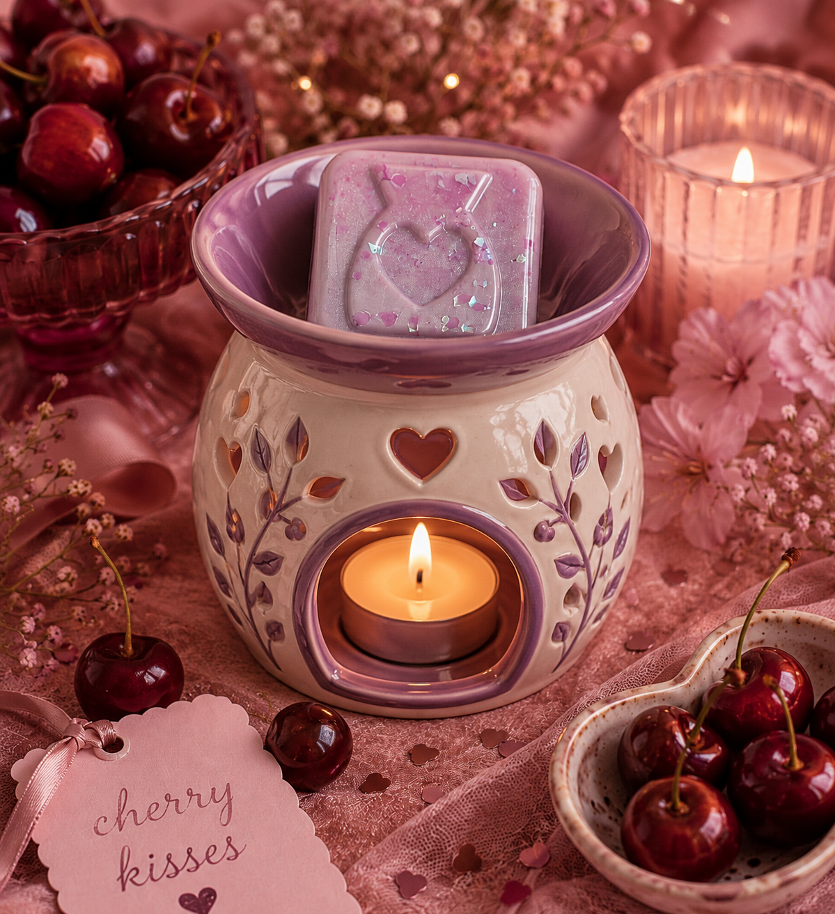 Cherry kisses wax melt in burner surrounded by cherry decor.