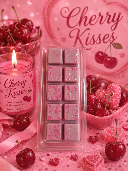 Cherry Kisses wax melts with a pink candle and cherries on a pink background