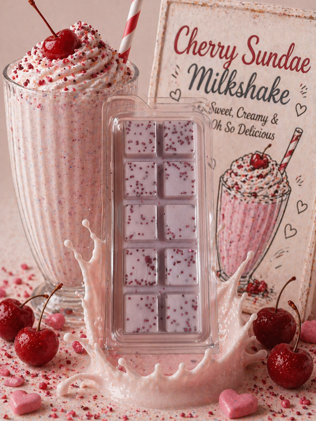 Wax melt bar with cherry sundae milkshake design, surrounded by cherries and a glass of milkshake.