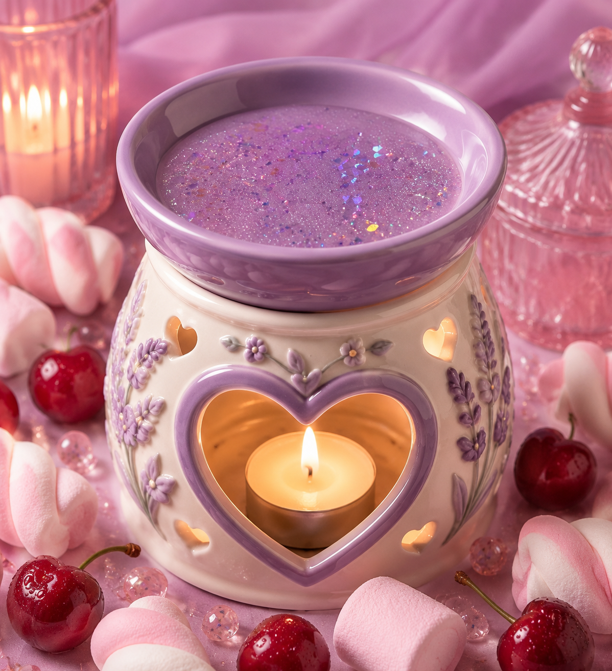 A lavender-themed wax warmer with a purple ceramic bowl and a cream-colored body decorated with lavender motifs and heart cutouts, lit with a small tealight candle inside with gel wax. The warmer is surrounded by pink marshmallows, red cherries, and clear crystals on a pink fabric background.
