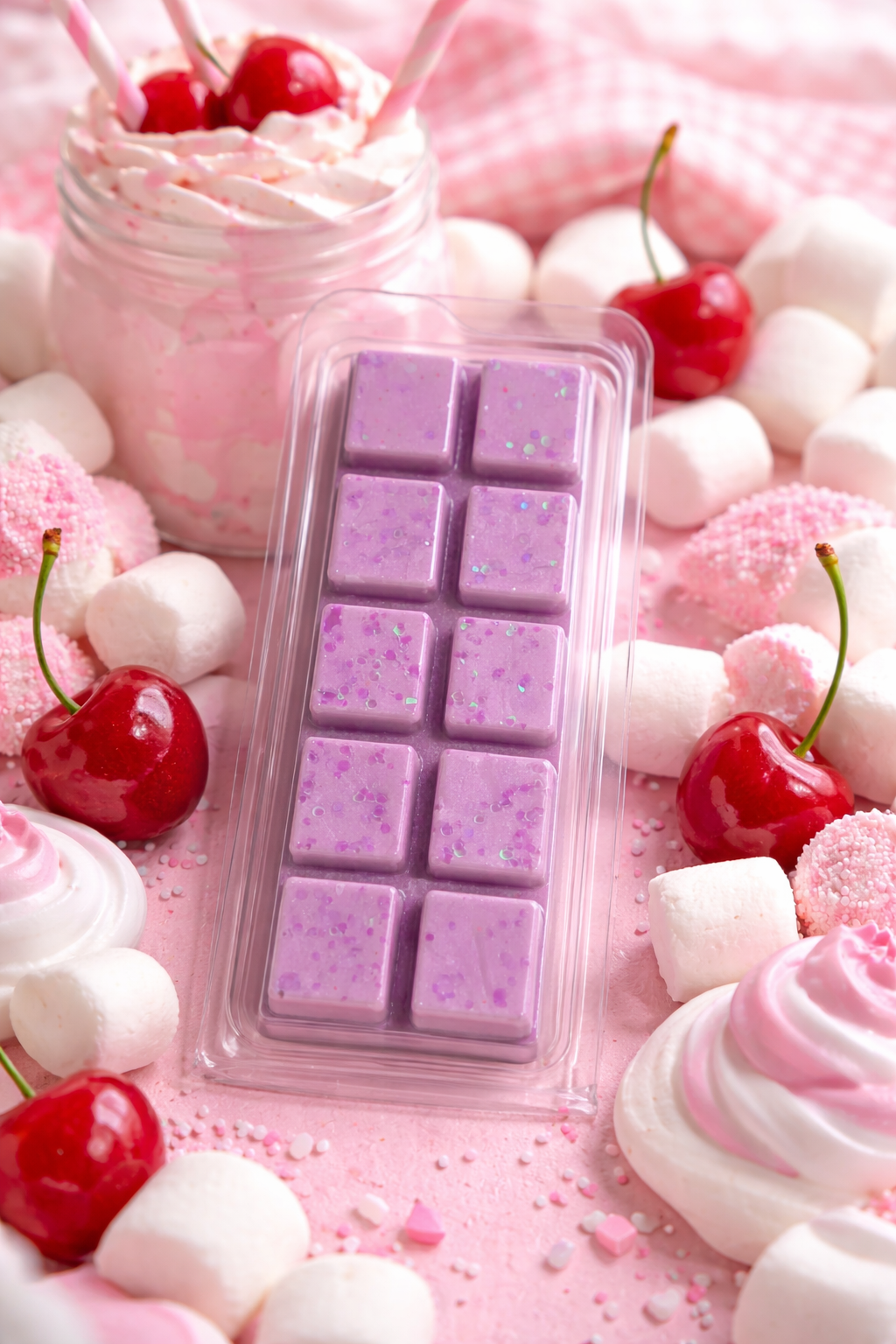 Cherry and marshmallow wax melts surrepunded by marshmallow and cherries.