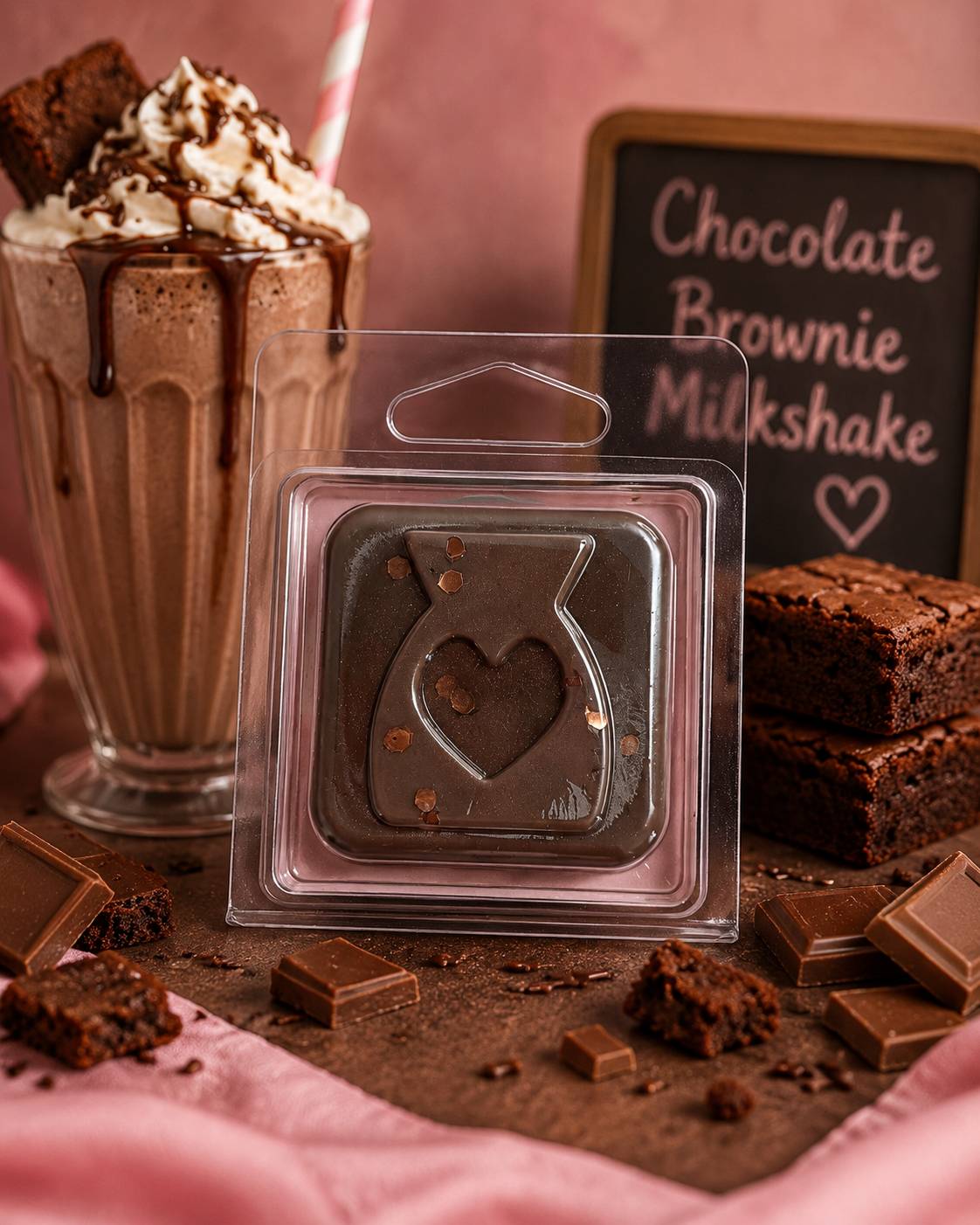 Chocolate brownie milkshake wax melt sample surrounded by chocolate and milkshake decor. 