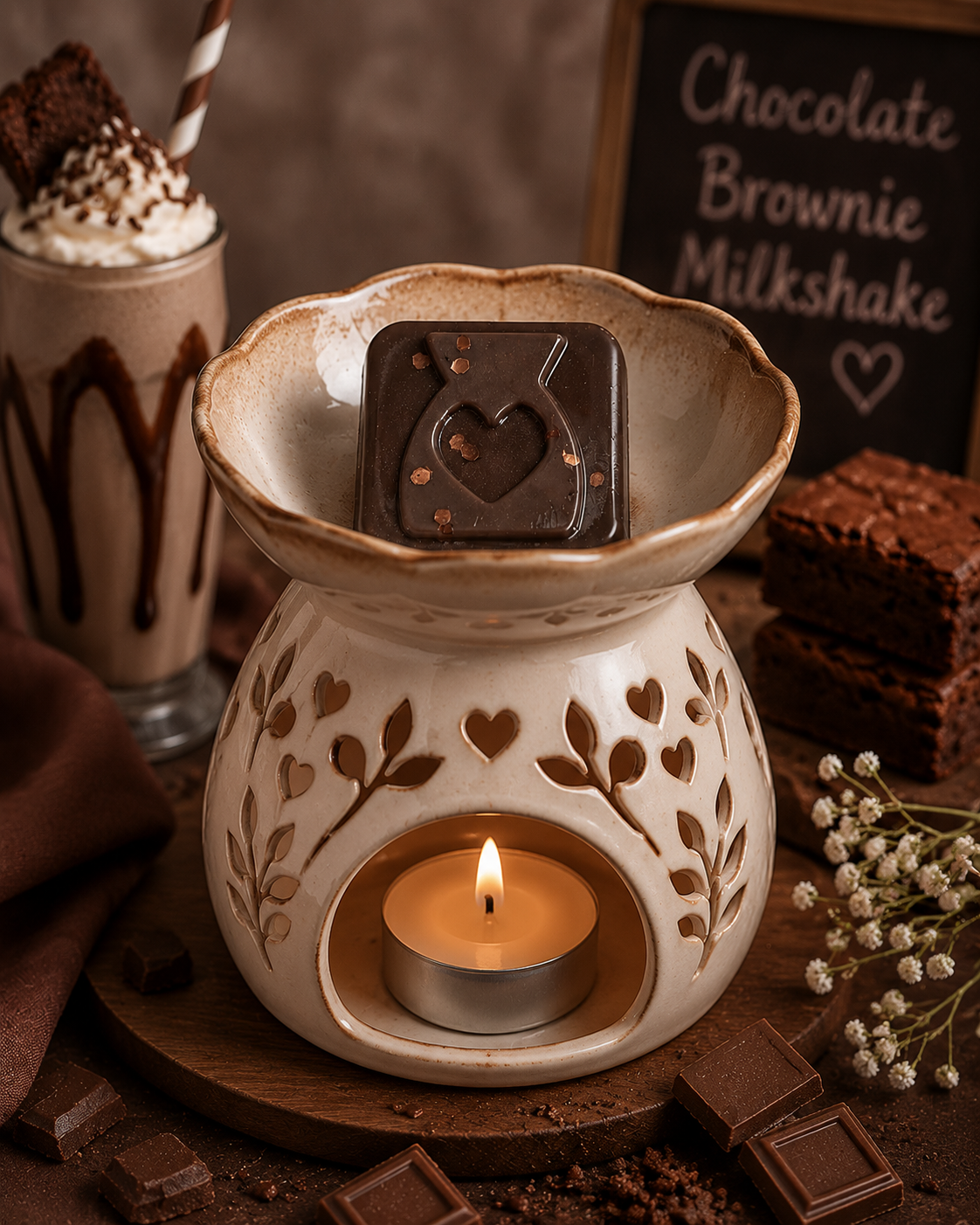 Chocolate brownie milkshake wax melt inside burner surrounded by chocolate and milkshake decor.