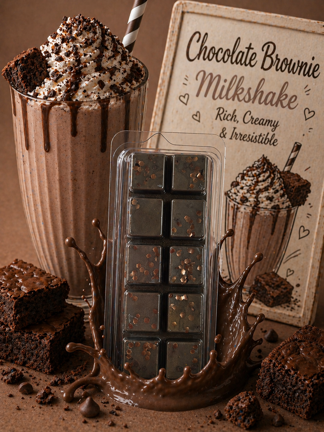 Chocolate brownie milkshake wax melt bar and brownies on a brown background