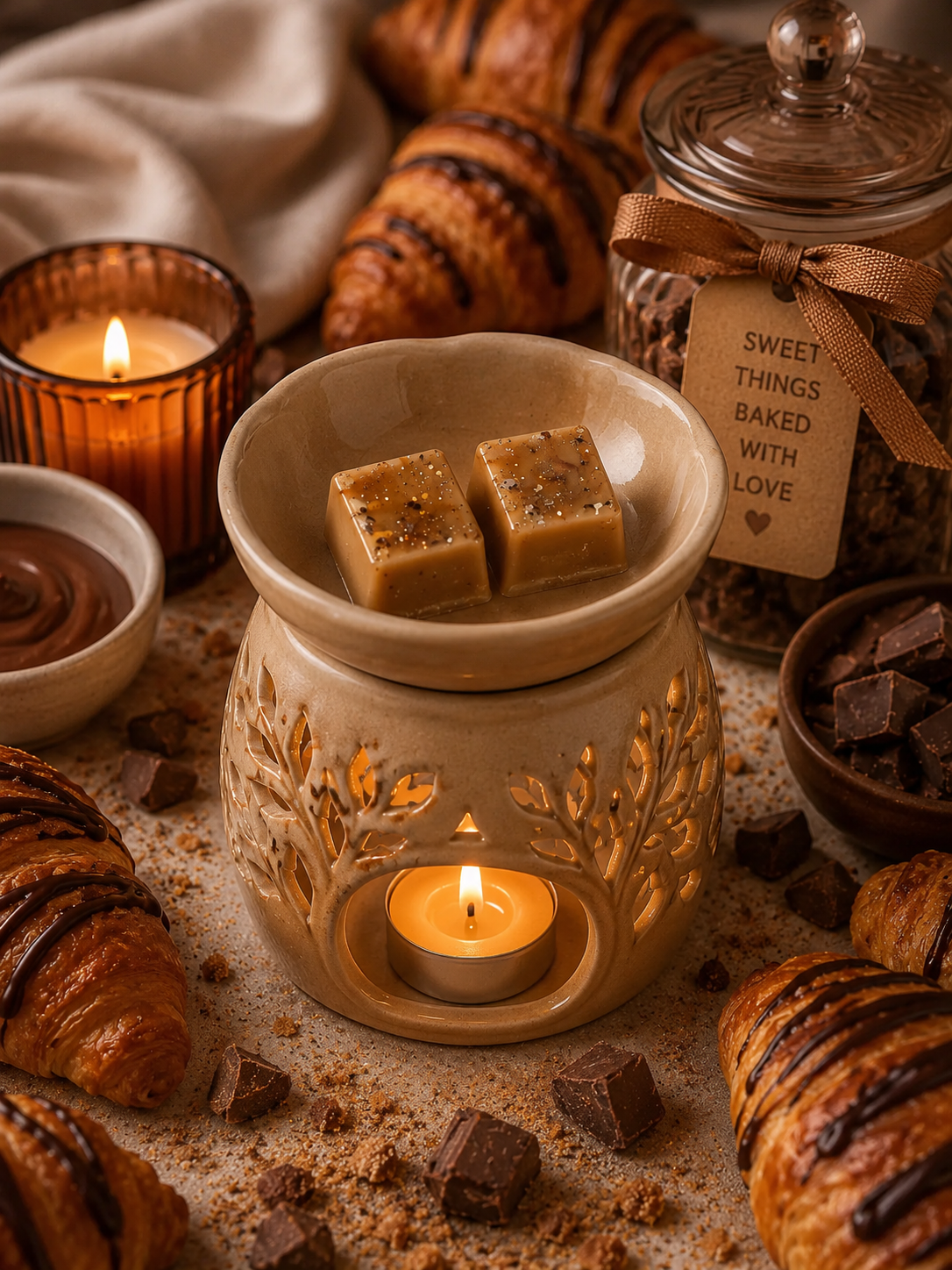 chocolate croissant wax melts in burner with chocolate croissant and candle background theme.